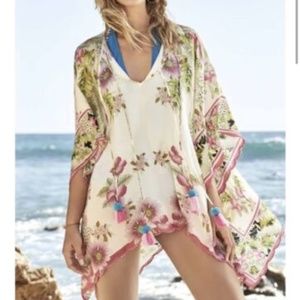 Johnny Was Galore 100% Silk Poncho Top Embroidered Floral
